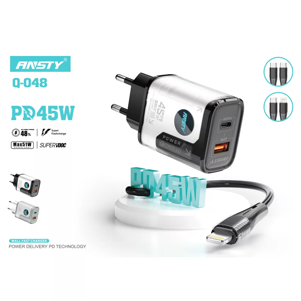 شارژر دیواری 45 وات انستی مدل Q048 به همراه کابل تبدیل USB-C