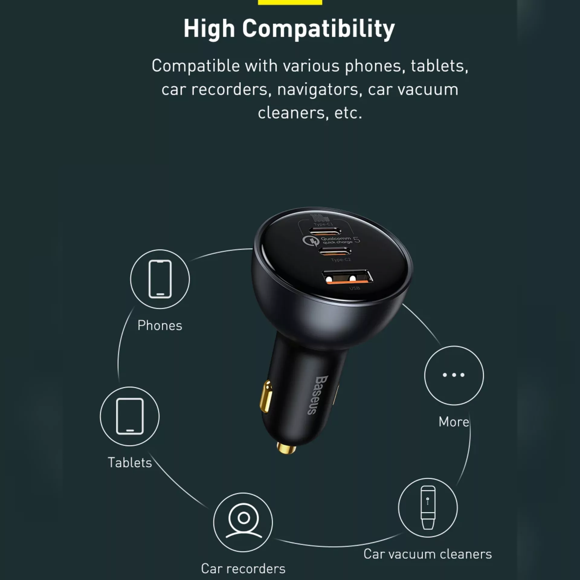 شارژر فندکی باسئوس مدل Multi-port Fast Charge 160W به همراه کابل تبدیل Usb-c