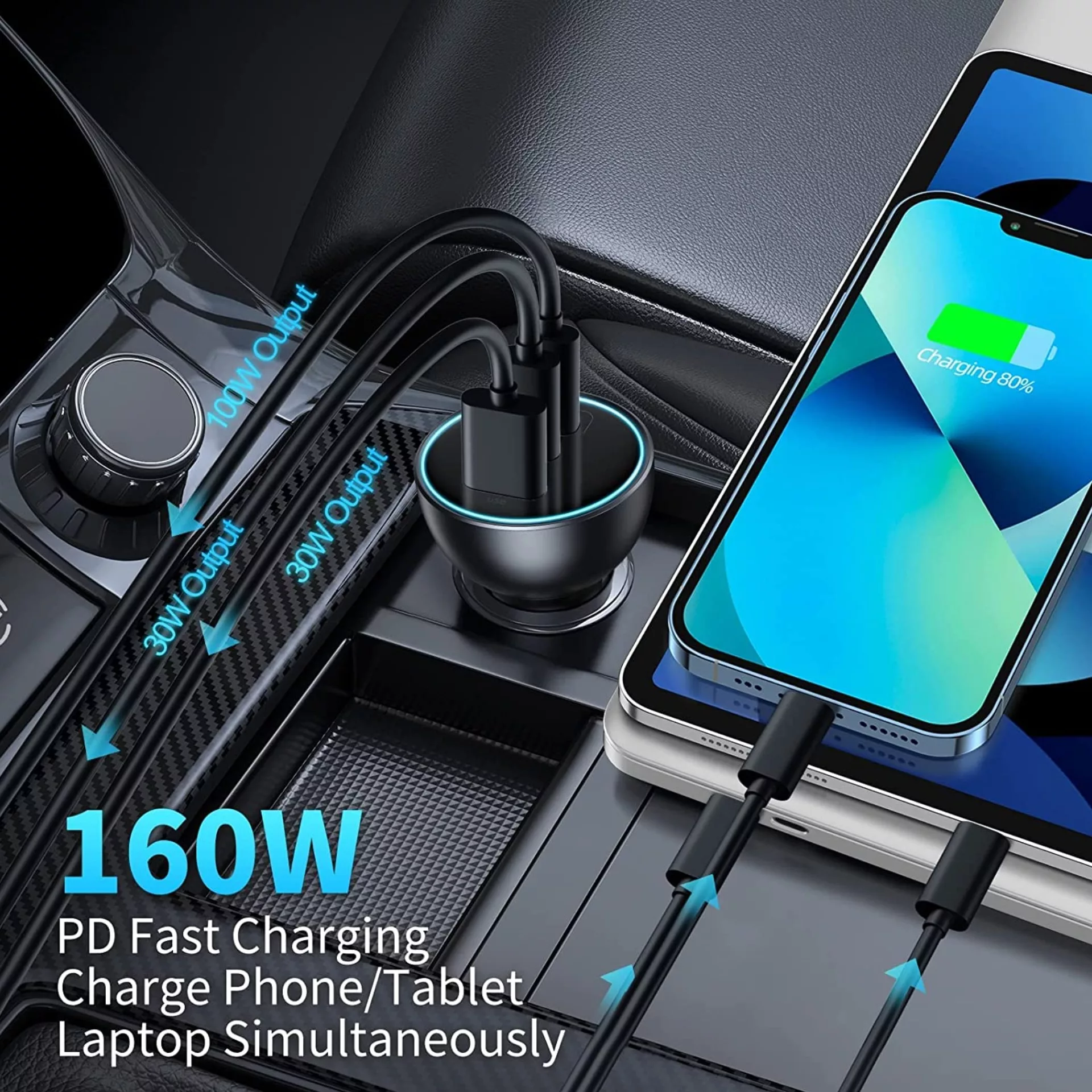 شارژر فندکی باسئوس مدل Multi-port Fast Charge 160W به همراه کابل تبدیل Usb-c
