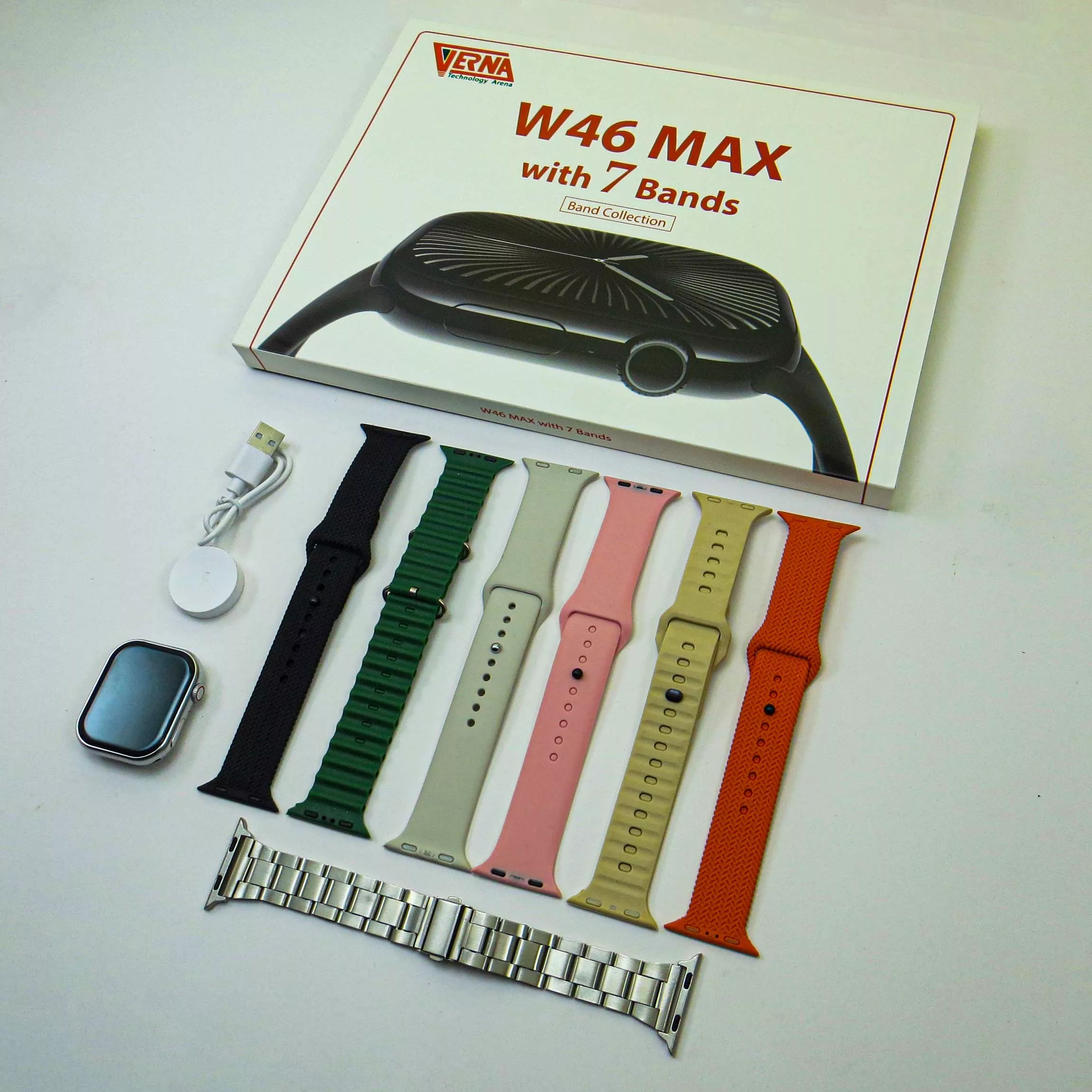 ساعت هوشمند 46 میلیمتری ورنا مدل W46 MAX با بند فلزی به همراه 6 بند اضافه