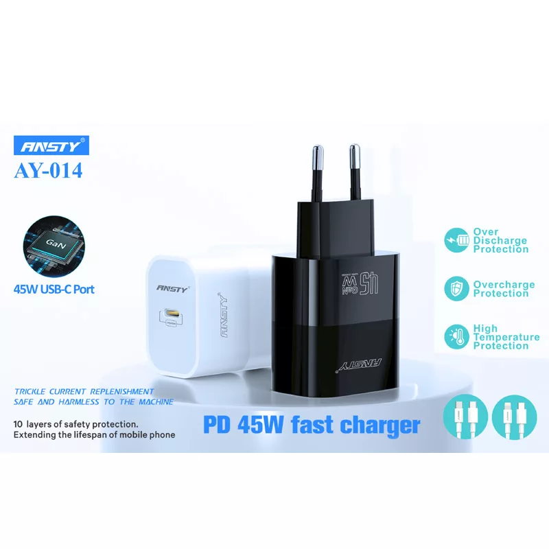 شارژر دیواری 45 وات انستی مدل AY-014 به همراه کابل تبدیل USB-C