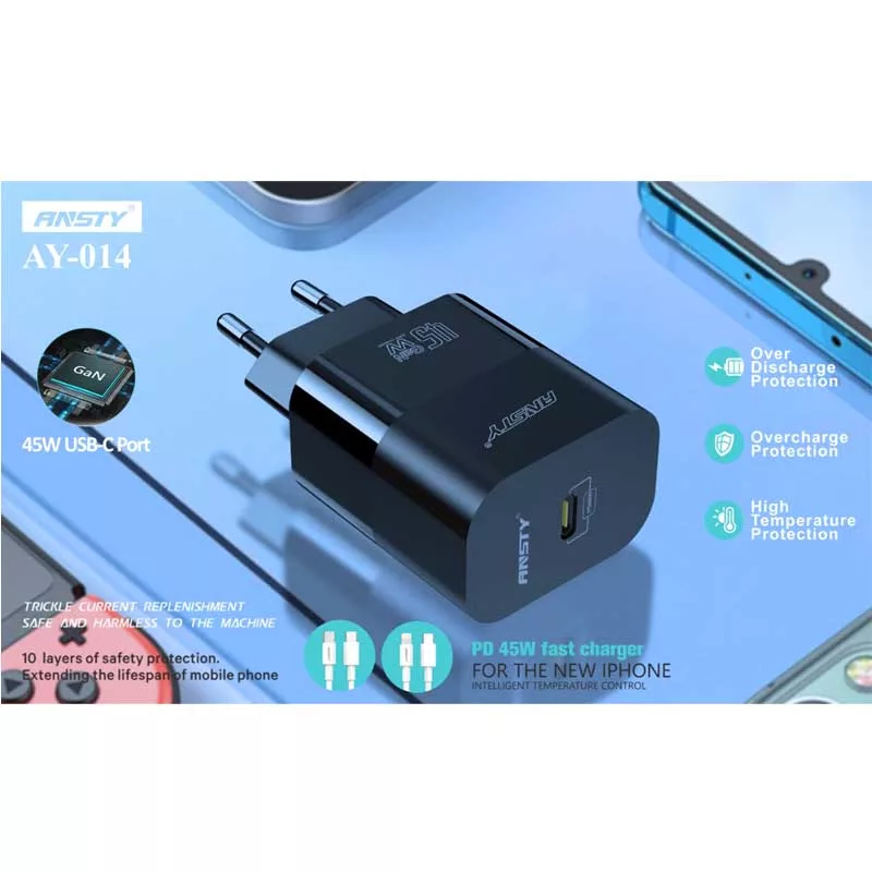 شارژر دیواری 45 وات انستی مدل AY-014 به همراه کابل تبدیل USB-C