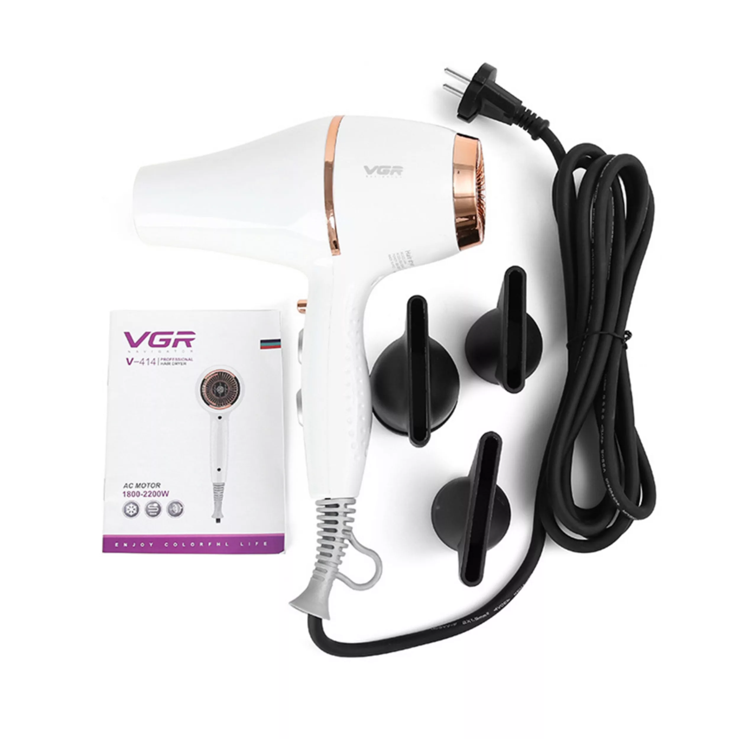 سشوار حرفهای وی جی ار مدل V-414، موتور AC با توان مصرفی 2200 وات، دارای فناوری تولید یون، دارای حلقه آویختن، با حالت صافکننده و حجمدهنده، وزن 802 گرم، تنظیم حرارت 3 حالته و کنترل سرعت 2 حالته، به همراه 3 عدد سری متمرکزکننده