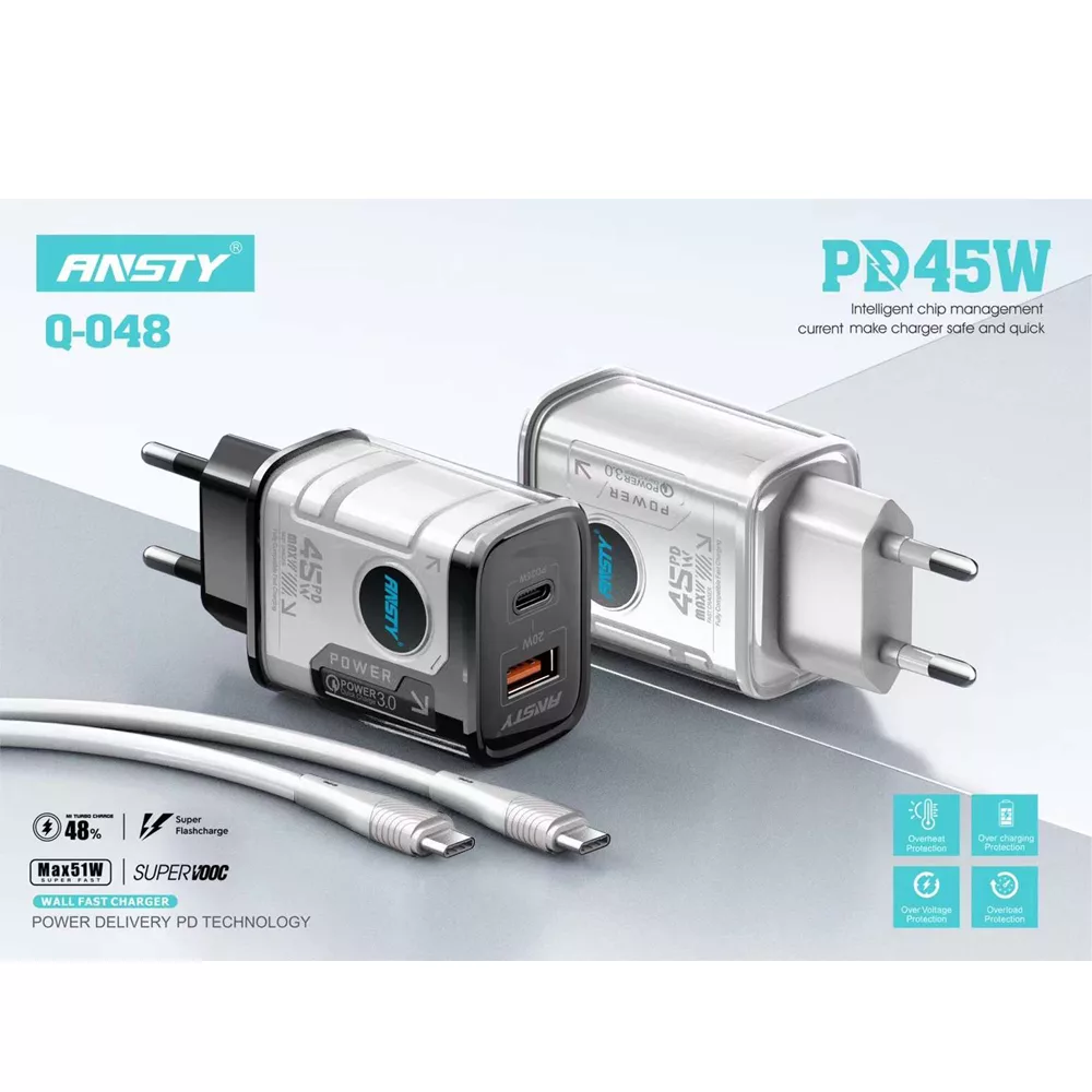 شارژر دیواری 45 وات انستی مدل Q048 به همراه کابل تبدیل USB-C