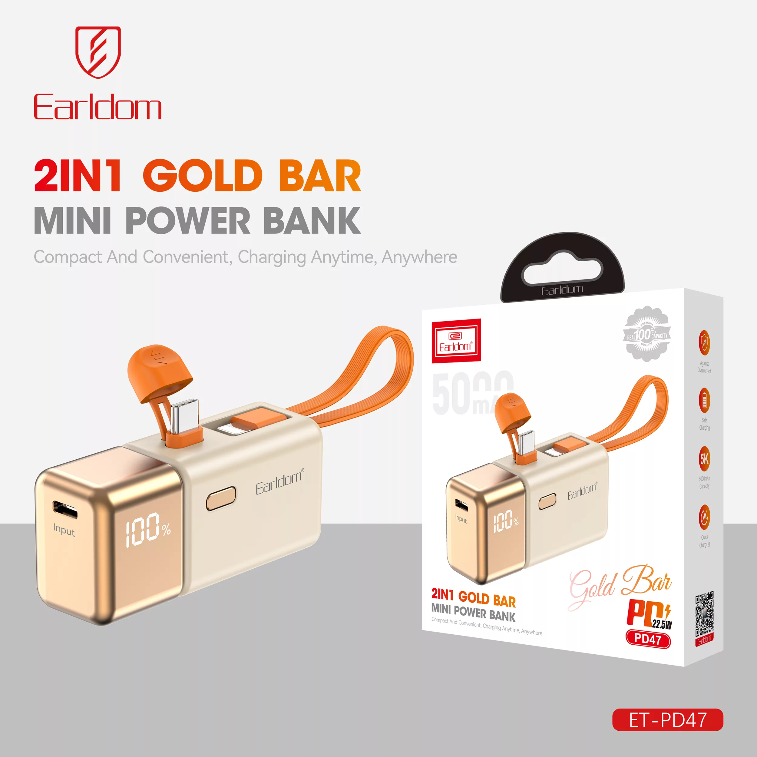 پاوربانک ارلدام مدل 2IN1 PD47 22.5W ظرفیت 5000 میلی آمپر ساعت