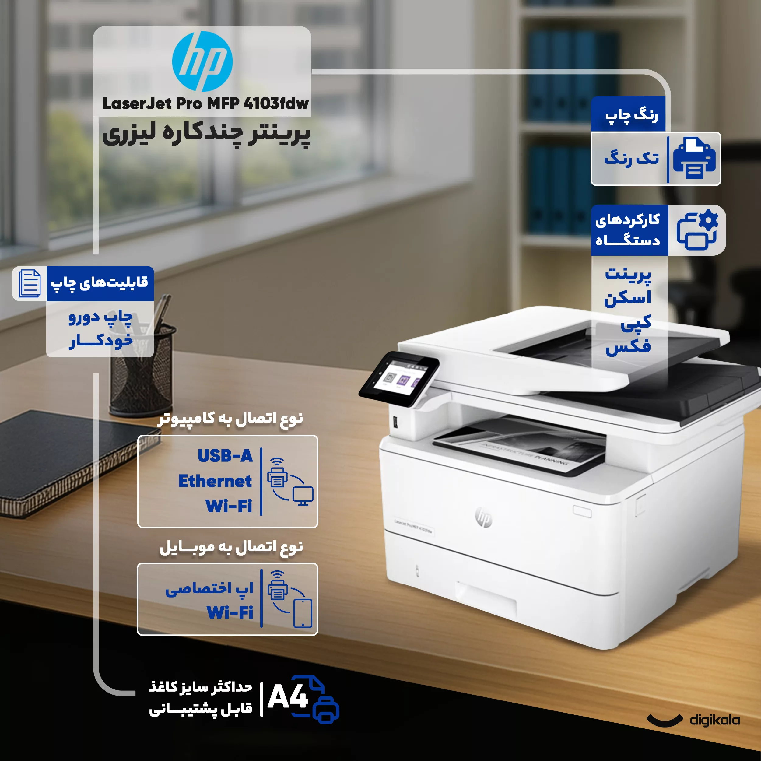 پرینتر چند کاره لیزری اچ پی مدل LaserJet Pro MFP 4103fdw