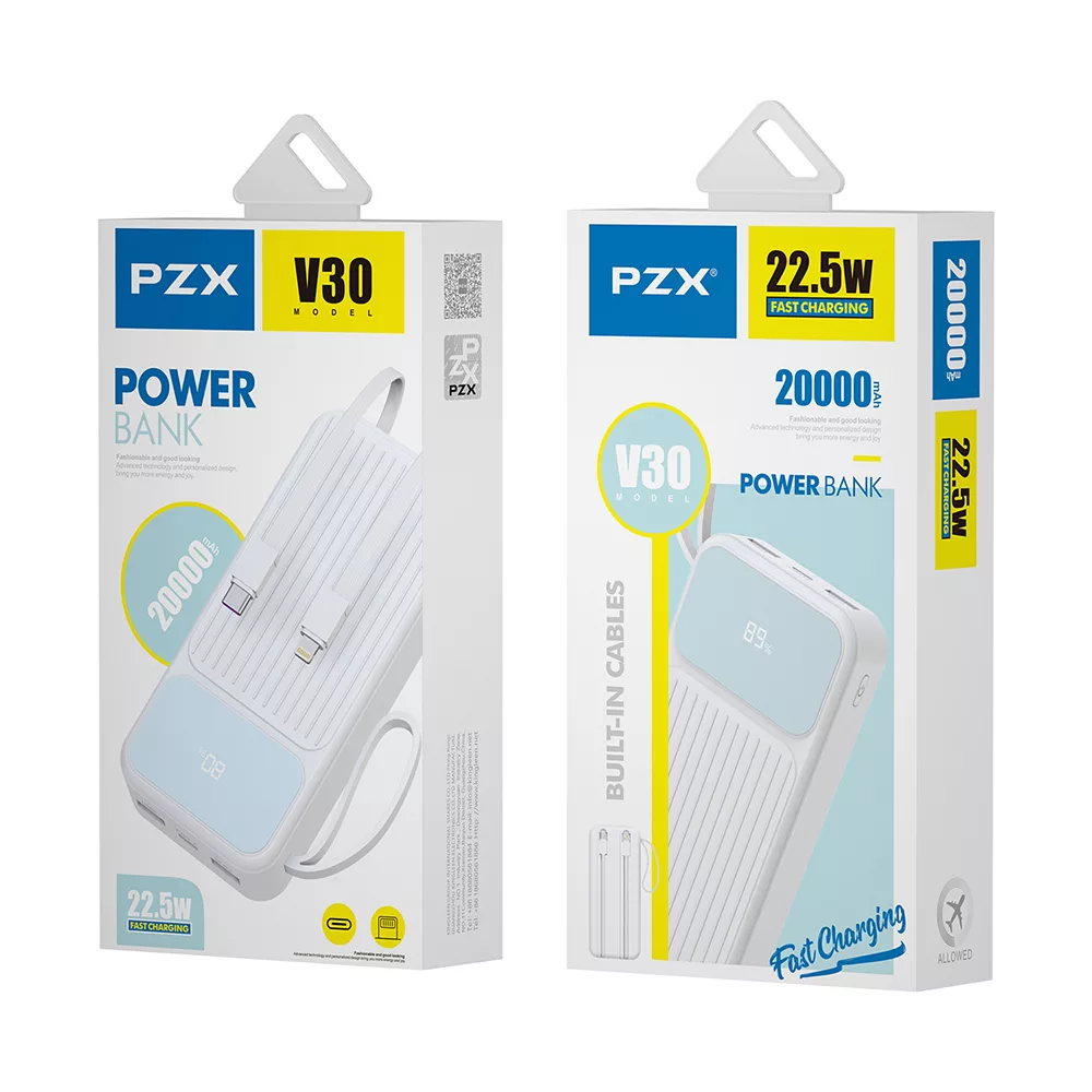 پاوربانک پی زد ایکس مدل V30 Fast Charge 22.5W Cabled ظرفیت 20000 میلی آمپر ساعت