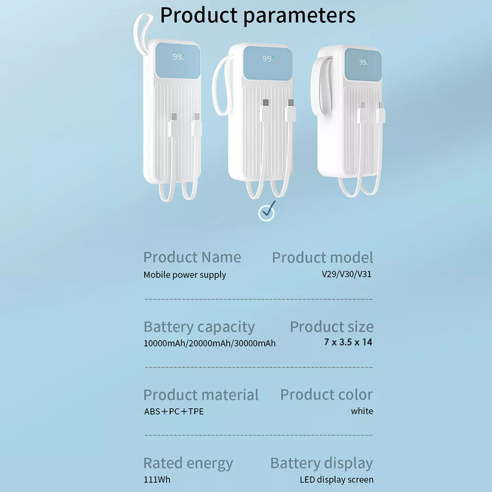 پاوربانک پی زد ایکس مدل V30 Fast Charge 22.5W Cabled ظرفیت 20000 میلی آمپر ساعت