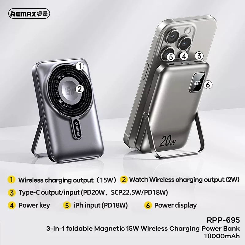پاور بانک ریمکس مدل مگنتیک وایرلس RPP-695 ظرفیت 10000 میلی آمپر ساعت