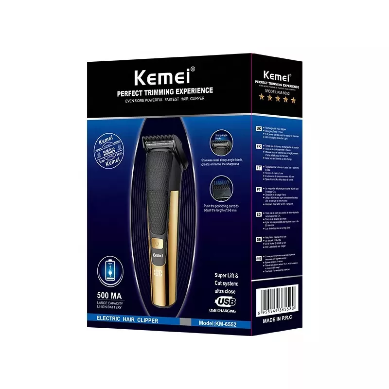 ماشین اصلاح موی سر و صورت کیمی مدل KM-6552، اصلاح به صورت خط زن، نمایش وضعیت باتری، منبع انرژی با باتری، تکنولوژی اصلاح به صورت برش مستقیم، اندازه اصلاح 0.5 تا 12 میلیمتر، مدت زمان شارژ 120 دقیقه و مدت زمان استفاده پس از شارژ 90 دقیقه، به همراه برس