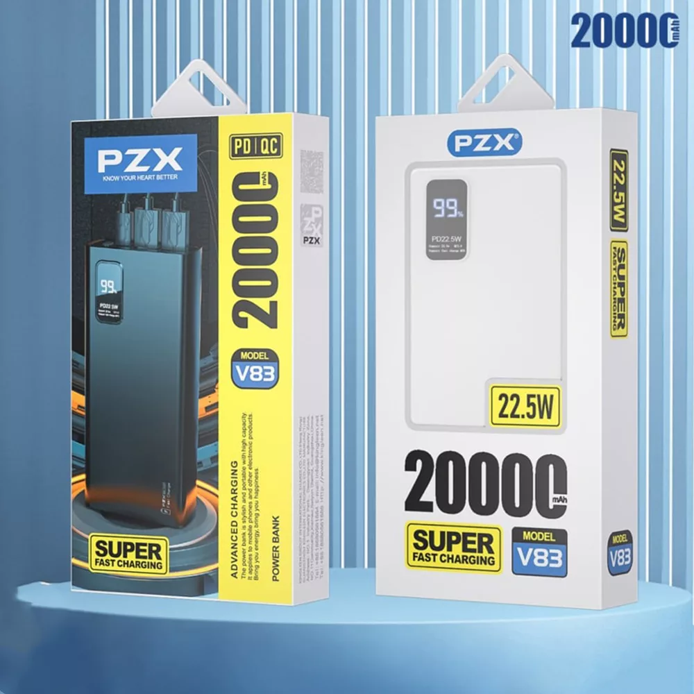 پاوربانک پی زد ایکس مدل V83 Fast Charge 22.5W ظرفیت 20000 میلی آمپر ساعت