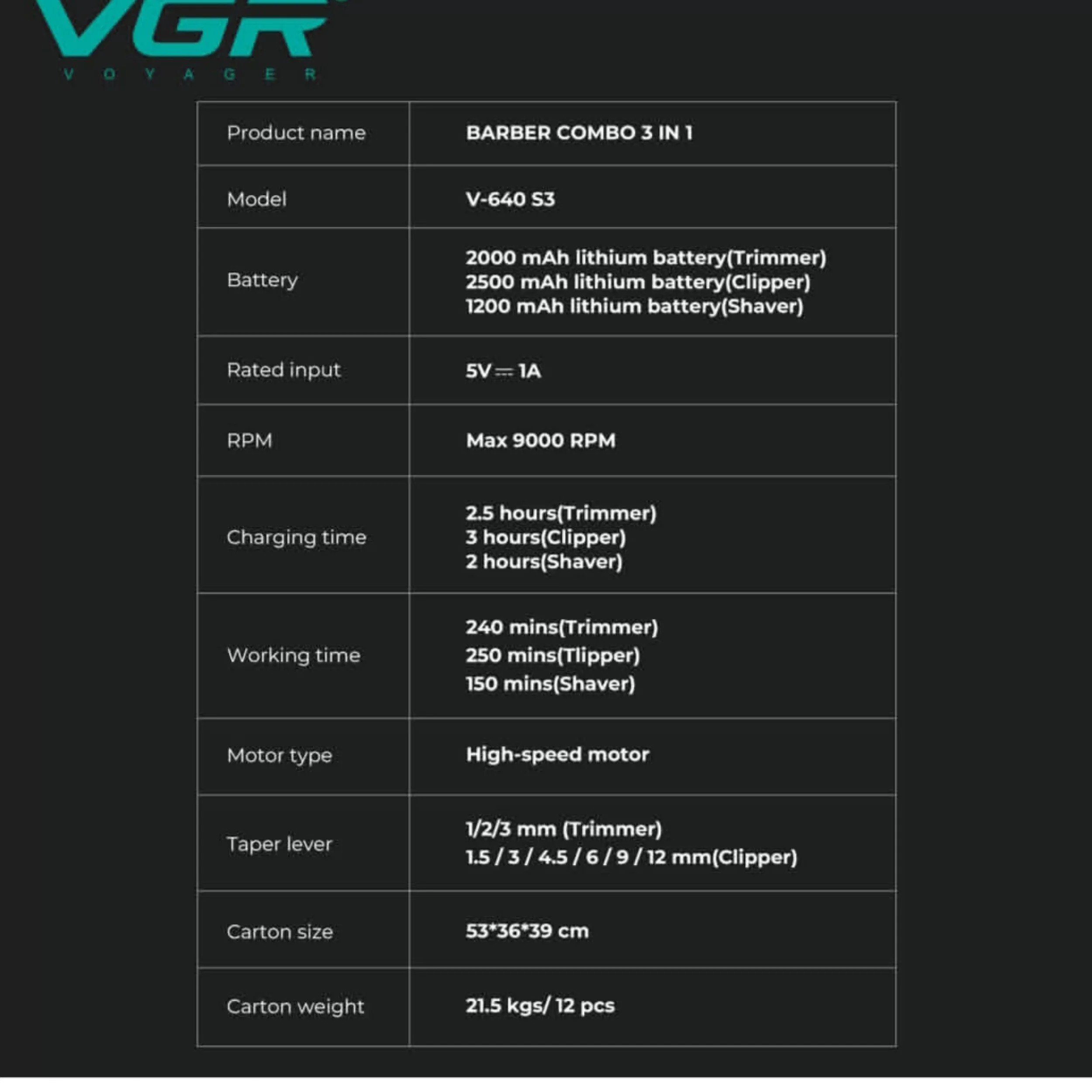 ماشین اصلاح موی سر و صورت شارژی وی جی ار مدل V-640 s3 مجموعه 3 عددی