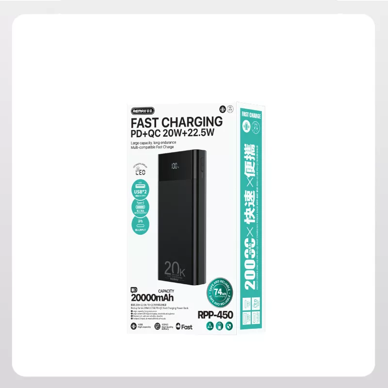 پاوربانک ریمکس مدل RPP-450 22.5W ظرفیت 20000 میلی آمپر ساعت