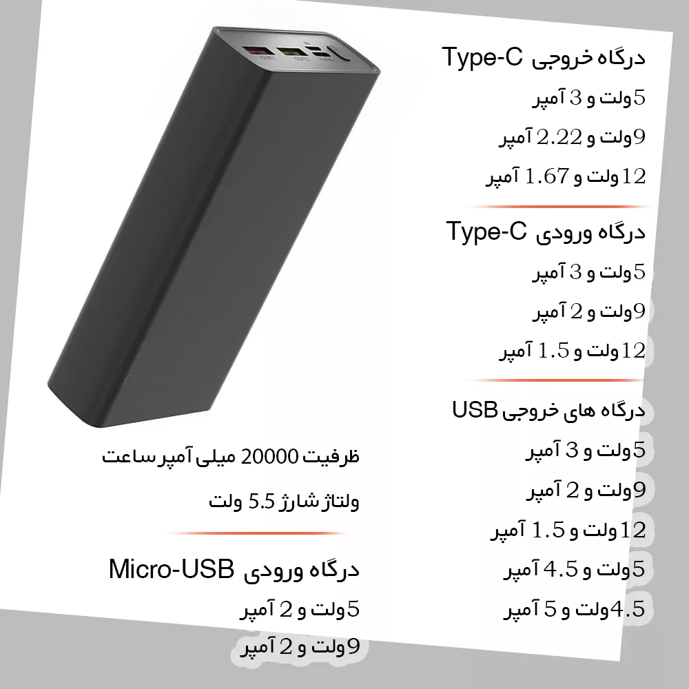 پاوربانک پی زد ایکس مدل V83 Fast Charge 22.5W ظرفیت 20000 میلی آمپر ساعت