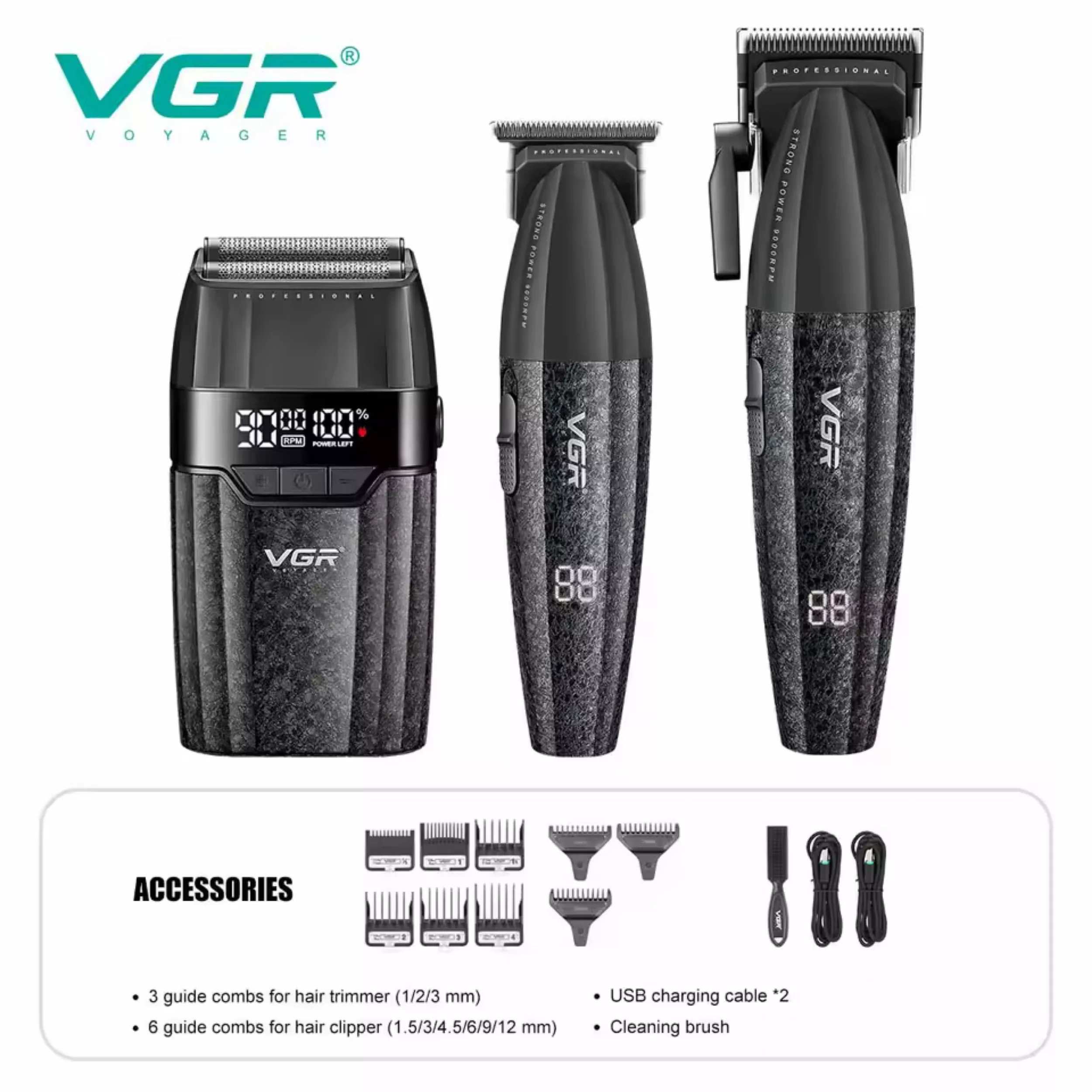 ماشین اصلاح موی سر و صورت شارژی وی جی ار مدل V-640 s3 مجموعه 3 عددی