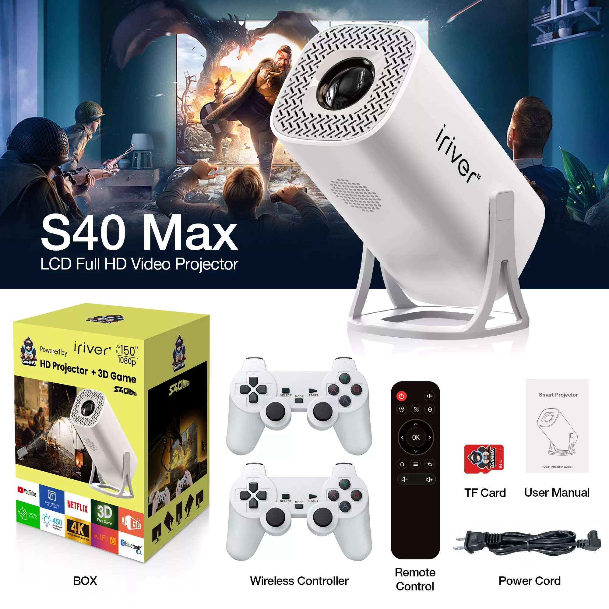 مینی ویدئو پروژکتور آیریور مدل S40 MAX به همراه دسته بازی