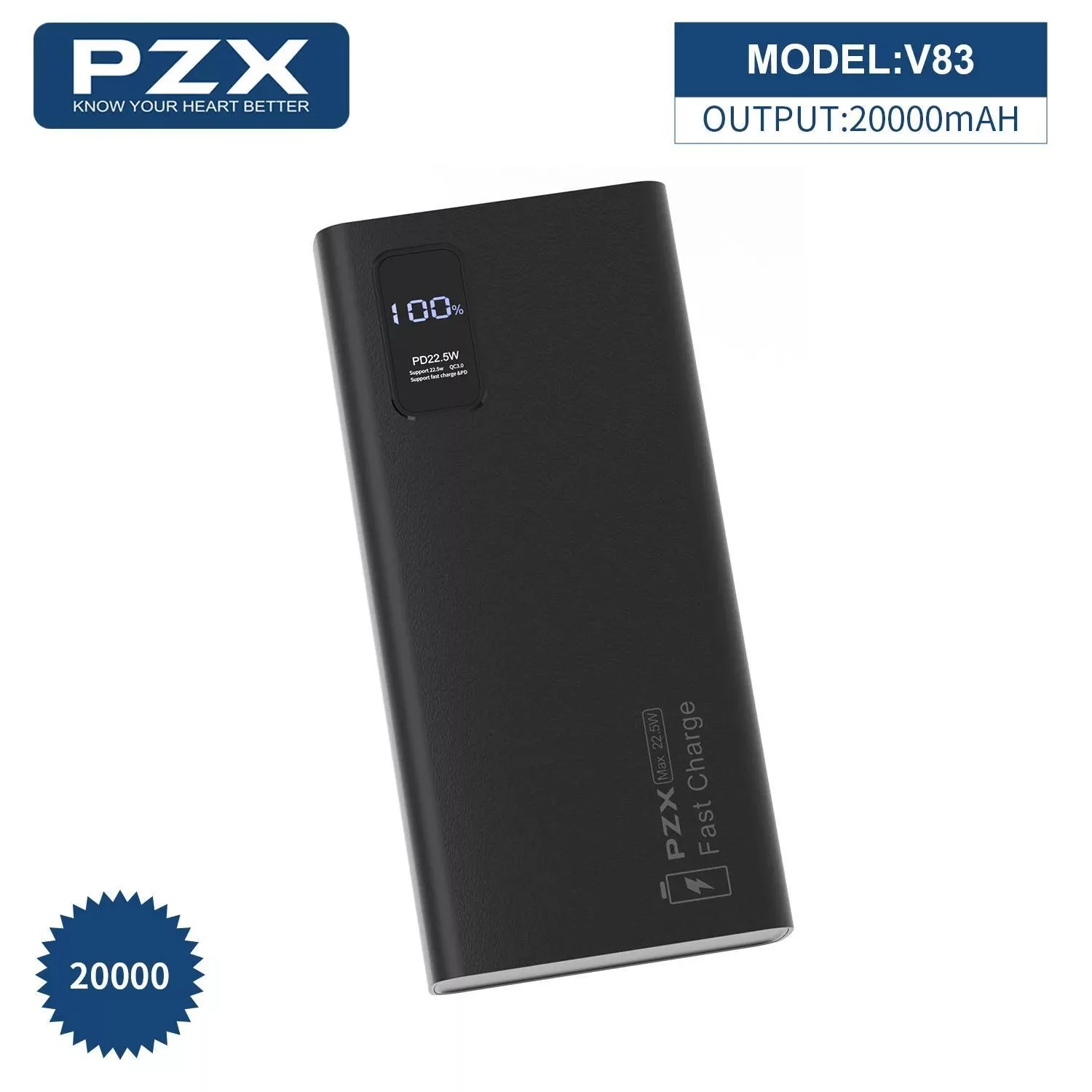 پاوربانک پی زد ایکس مدل V83 Fast Charge 22.5W ظرفیت 20000 میلی آمپر ساعت