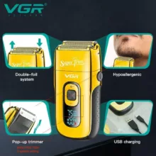 ماشین اصلاح موی صورت وی جی ار مدل V_332، اصلاح به صورت فویلی، صفر زن، منبع انرژی باتری قابل شارژ، تکنولوژی اصلاح به صورت برش چرخشی، به همراه برس تمیزکننده، جنس تیغه از استیل ضد زنگ